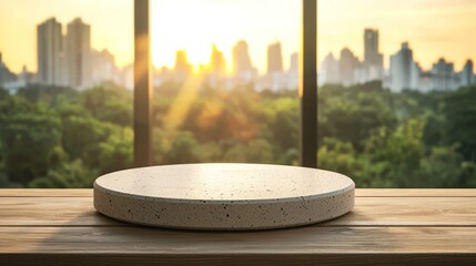 Podium display with cityscape background