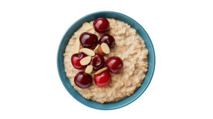 Bowl of oatmeal with cherries and almonds breakfast isolated on a transparent background