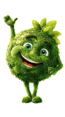 Cartoon green monster with a big smile on its face, surrounded by leaves, against a white background. Professional commercial content. Commercial. High-resolution. High-res. Premium quality. Premium.