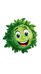 Cartoon green fruit with a smiley face and leaves on its head, set against a white background. Professional commercial content. Commercial. High-resolution. High-res. Premium quality. Premium.