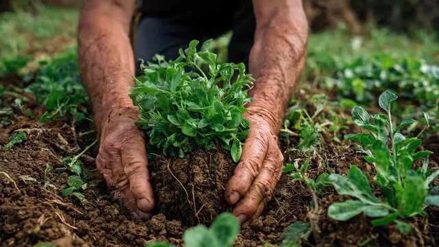 Closeup of hands mixing vibrant green manure plants into soil to boost organic matter and improve soil health efficiently.