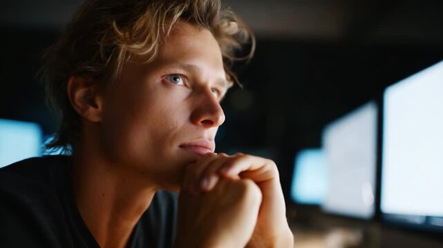 A contemplative individual engages in deep thought while observing multiple screens, highlighting the intersection of technology and introspection in a modern workspace.