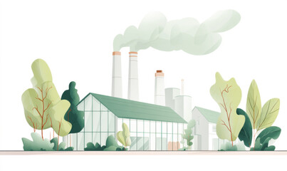 Factory with smoke coming out of its chimneys, surrounded by trees and plants. Professional commercial content. Commercial. High-resolution. High-res. Premium quality. Premium. Professional grade.
