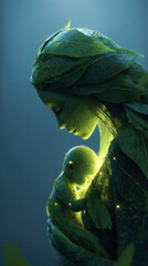 Woman holding a baby in her arms, with a leaf in her hair. Professional commercial content. Commercial. High-resolution. High-res. Premium quality. Premium. Professional grade. Quality. - Professional