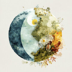 Painting of a yin and yang symbol with flowers and leaves surrounding it, set against a white background. Professional commercial content. Commercial. High-resolution. High-res. Premium quality.