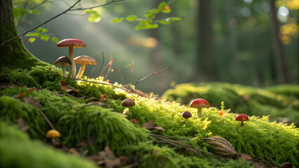 A moss-covered forest floor close-up with mushrooms and filtered sunlight