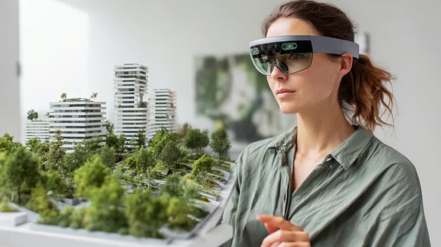 Innovative Augmented Reality Experience: A Woman Engages with a City Model Using Advanced Smart Glasses in a Modern Design Environment for Urban Planning