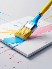 A paintbrush sweeps energetic blue, orange, and red paint strokes across a white surface. The dynamic, vector-style artwork represents creativity, design, and artistic expression in action.