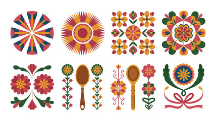 Folk art sun and flower set, circular medallions, stylized stems, spoon ornaments, bow ribbons, Maslenitsa celebration graphics, spring festival vector