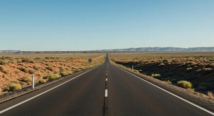 A long, straight highway stretches toward the distant horizon under a clear sky, emphasizing travel, journey, and freedom ,markings ,scene ,long