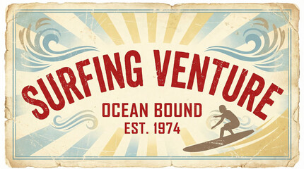 Vintage surfing venture sign with sun rays, waves, and a surfer silhouette, featuring 'Ocean Bound Est. 1974' text in a retro style.