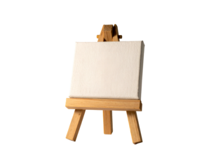 A small, blank canvas rests on a wooden easel