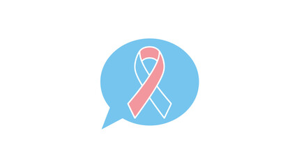 A pink ribbon icon in a blue speech bubble on a white background, symbolizing breast cancer awareness with a simple graphic design.