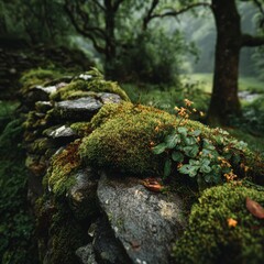 Mossy Rocks in Forest Landscape Scene.