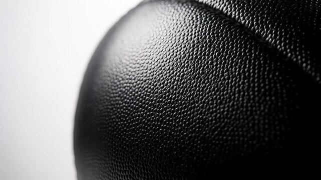 Close up of black basketball surface with dimpled leather texture and white seam in professional sport style