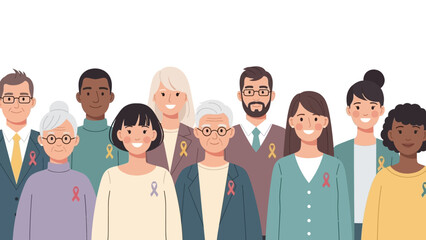 Illustration of diverse group of people wearing awareness ribbons standing together on a white background with a supportive and inclusive mood.