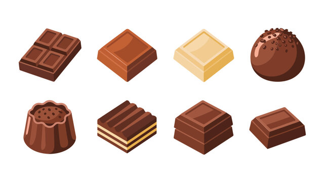 Chocolate bites assortment, layered fudge, filled pralines, square blocks, sweet candy set, dessert icons, cafe menu, holiday gifting, party favors