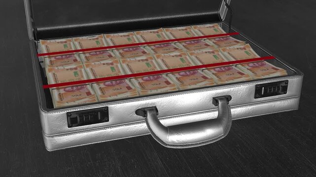 Open metal briefcase filled with neatly stacked Indian 200 rupee notes, symbolizing secured wealth, savings growth, and financial stability in a realistic cinematic setting.