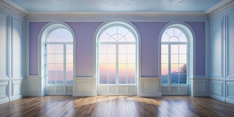 Serene Empty Room with Pastel Walls and Large Arch Windows Offering a Panoramic Sunset View