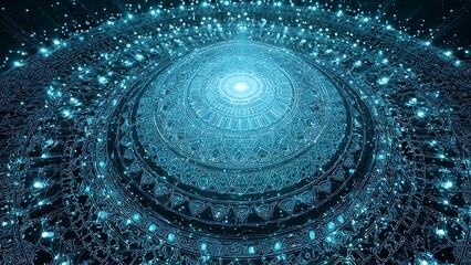 Futuristic blue circular technology background with glowing lights and intricate patterns