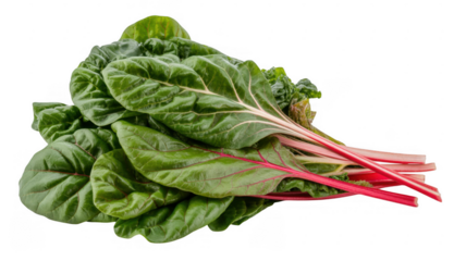 Bunch of green leafy vegetable with red and white stems isolated on a transparent background
