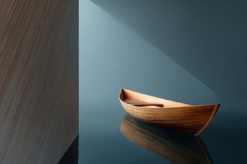 Minimalist Boat on Water: A serene, minimalist scene features a small wooden boat gracefully floating on tranquil water, illuminated by a beam of light, creating a sense of calm and solitude.