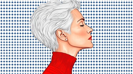 Profile of Woman with Short White Hair in Red Turtleneck against Blue Pattern