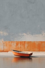 Boat resting on waterscape: A serene scene unfolds with a solitary boat resting peacefully at the waters edge under a dramatic, minimalist sky, capturing stillness and tranquility.