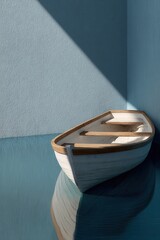 Serene Vessel: A lone, beautifully crafted boat rests peacefully in tranquil blue waters, framed by minimalist architecture, bathed in the soft interplay of light and shadow.