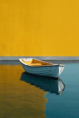 Harmony of Serenity: An empty rowboat peacefully floats upon serene water, against a striking, yellow wall. A visual poem about quiet beauty and the simplicity of life.