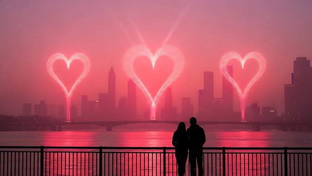 Romantic couple watching fireworks over city skyline at night - Powered by Adobe
