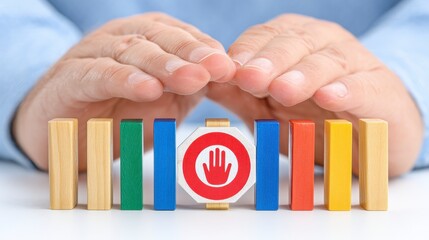 Protective Hands and Colorful Blocks with Stop Sign Security and Risk Prevention Concept