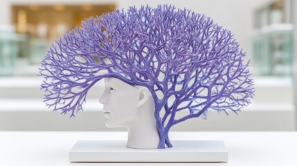 Purple Coral Tree Sculpture and Human Head Abstract Art