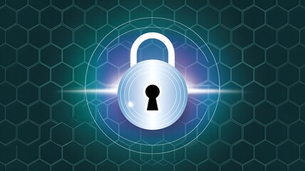 Secure padlock with glowing shield on hexagonal background