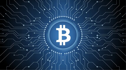 Bitcoin logo on futuristic blue circuit board background