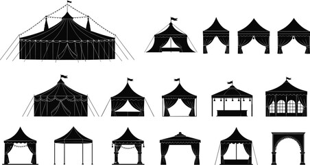 Event tents and festival canopy silhouette illustration set featuring circus marquee pavilion shelters and outdoor temporary structures © MDSelim