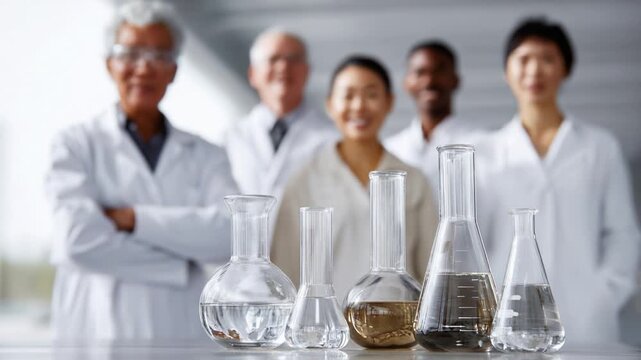 A Diverse Team of Scientists in Lab Coats Examining Various Laboratory Glassware Filled with Different Liquids in a Modern Laboratory Setting