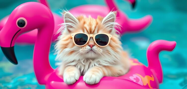 A fluffy cat wearing oversized sunglasses, lounging on a bright pink flamingo float,  summer,  flamingo