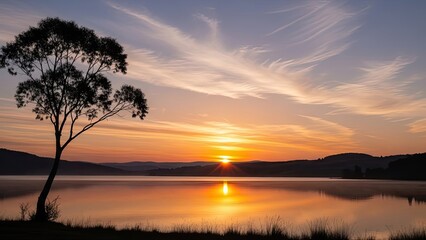 Obraz premium Serene sunset over tranquil lake with lone tree silhouette, vibrant sky reflection.