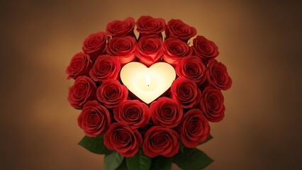 Beautiful bouquet of red roses with heart shaped candle