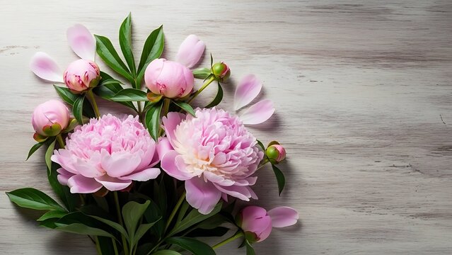 Soft Pink Peony Flowers on Rustic Wood &ndash; Minimal Pastel Floral Composition
Spring Peonies with Green Leaves &ndash; Elegant Pastel Wedding & Beauty Concept
