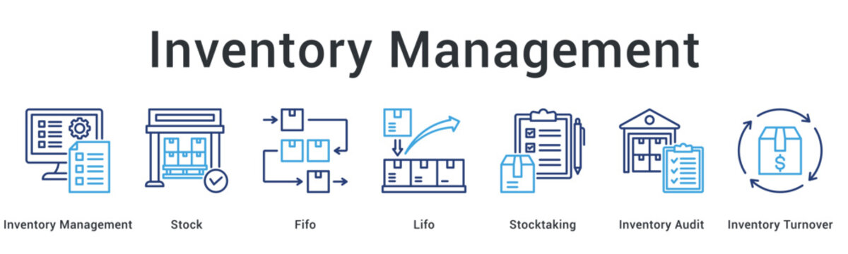 Inventory management banner web icon showing stock control methods including FIFO, LIFO, and audit processes.