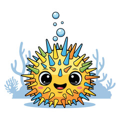 Adorable Pufferfish Cartoon Character with Spikes and Bubbles.