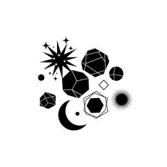 Celestial Geometry - A Mystical Arrangement of Stars, Moon, and Geometric Shapes.