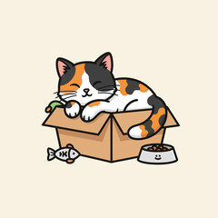 Cute Calico Cat Napping Comfortably Inside a Cardboard Box.