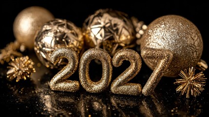 Glittering gold 2027 numerals with metallic holiday ornaments on black background for New Year promotion or seasonal event