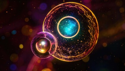 Two iridescent orbs, with a nebula-like core, float in a bokeh-filled cosmic space, displaying mesmerizing light and depth