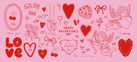 Doodle hand drawn Love and Valentine's Day set with Cupid, hearts, bows, glasses of champagne. Trendy vintage whimsical decorative elements for love cards, wedding invitation, print
