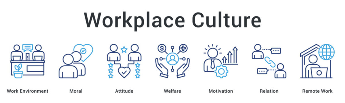 Workplace culture banner web icon fostering positive environment with moral values and remote work flexibility options.