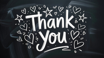 Chalkboard lettering of thank you with hearts and stars on transparent background
